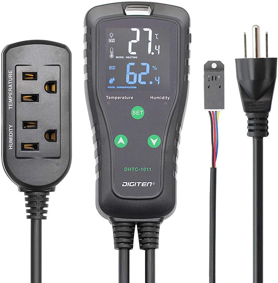 Temperature and Humidity ControllerPlug-in Thermostat Humidistat Reptile Greenhouse,Dual Stage Pre-Wired Outlet 110V 10A