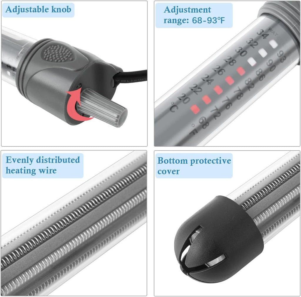 HITOP 25W 50W 100W 200W 300W Adjustable Aquarium Heater, Submersible Fish Tank Heater Thermostat with Suction Cup (200W)
