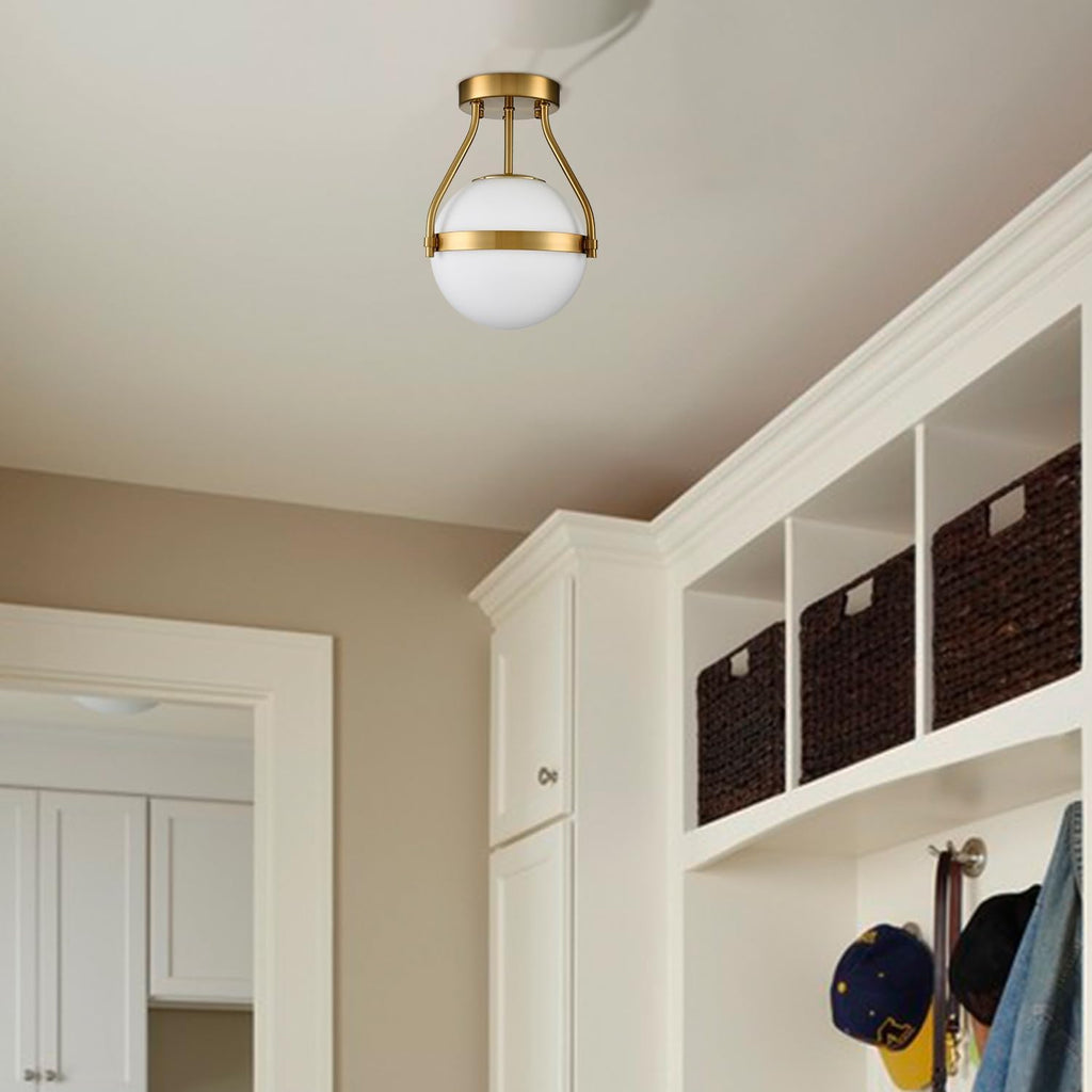 HOLKIRT Modern Light Fixture,Mid Century Semi Flush Mount Ceiling Light,Kitchen Light Fixtures Hallway Light Fixtures Ceiling,Brass Globe Ceiling Light Bedroom with Opal Glass 7Inch/18CM