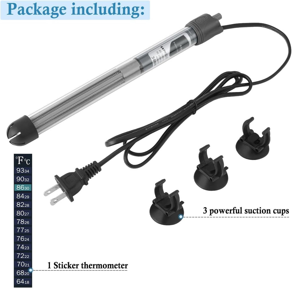 HITOP 25W 50W 100W 200W 300W Adjustable Aquarium Heater, Submersible Fish Tank Heater Thermostat with Suction Cup (200W)