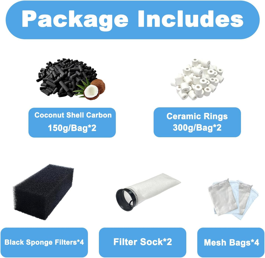 14-Pack Set Aquarium Filter Media Compatible with Waterbox AIO 10 Cube and AIO 15 Peninsula Aquarium Filter, Includes Filter Socks, Carbon Pellets, Ceramic Rings, Sponge Filters and Mesh Bags