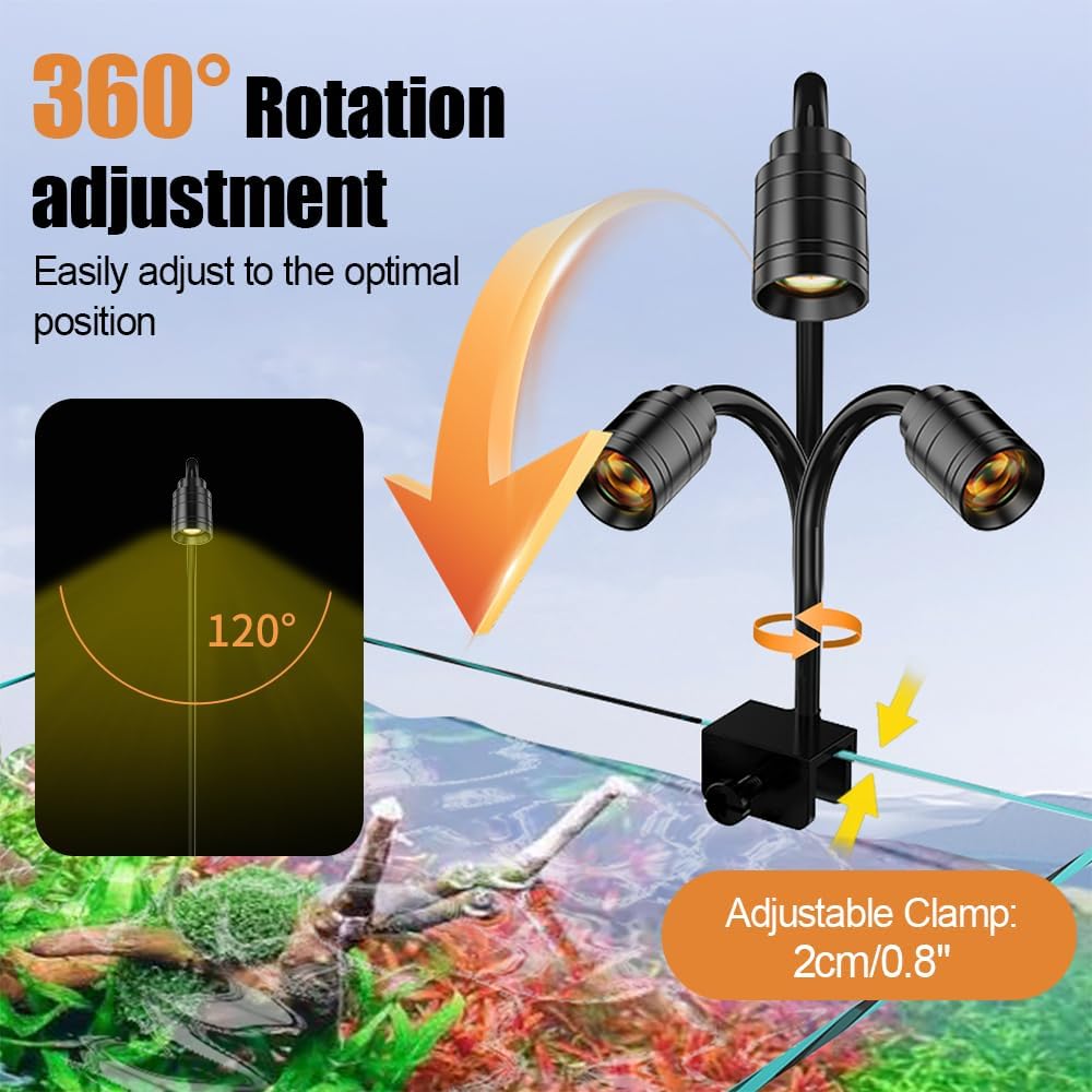 4 W LED Aquarium Light, Clip-On Dimmable Fish Tank Lamp with 3 Colors, Full Spectrum Fish Tank Lights for Plants, Terrariums, Coral