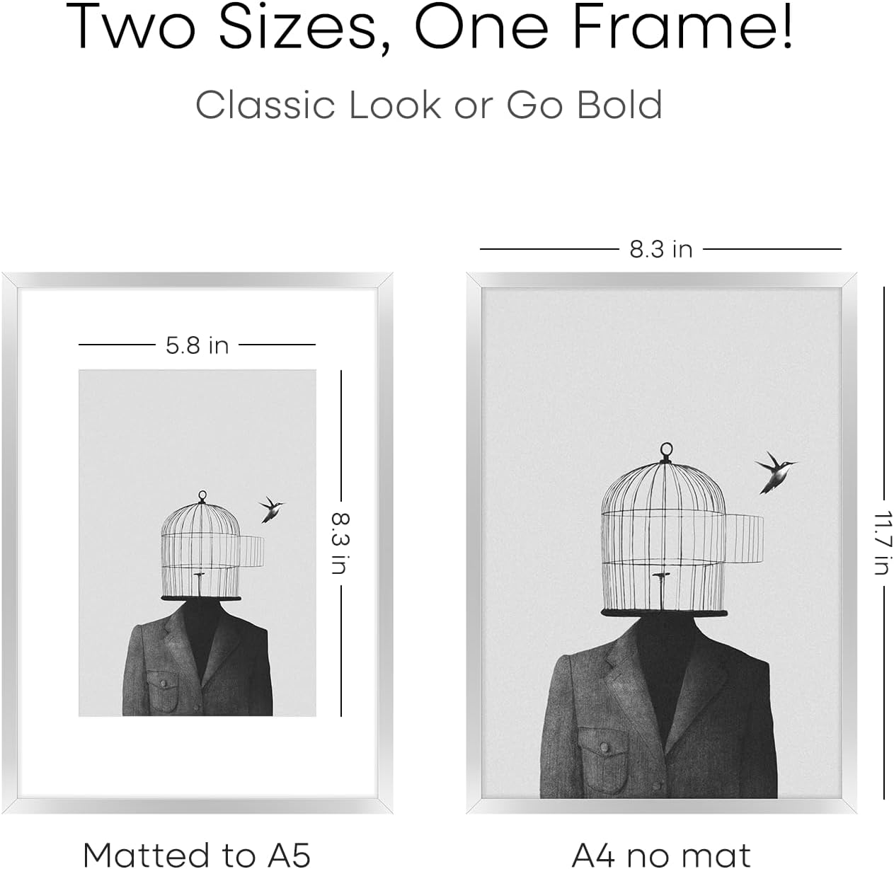 Homeforia A4 Picture Frame Silver, High End Metal 8.3 x 11.7 inch Silver Poster Frames with Mat 5.8 by 8.3 Art, A4 Frame Matted to A5 Photo, 8.3x11.7 Wall or Tabletop Frames, Tempered Glass, Set of 2