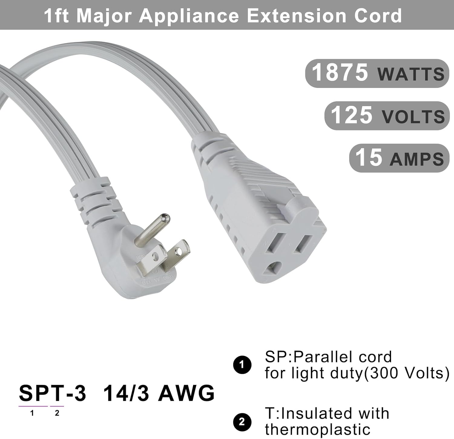 KUNCAN Appliance Power Extension Cord - 3 Prong Flat Wire SPT-3 14 AWG Heavy Duty Male to Female Extender Low Profile Grounded Cable for Major AC Unit, Air Conditioner, Refrigerator, Heater (1 Feet)