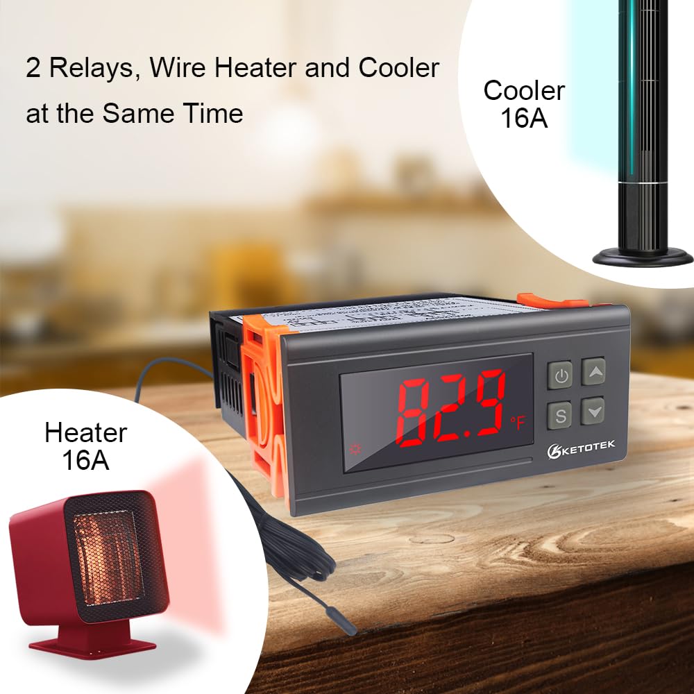 KETOTEK Digital Temperature Controller Fahrenheit &Centigrade Thermostat 120V 16A Relay with Sensor, Heating and Cooling for Homebrew Incubator Greenhouse