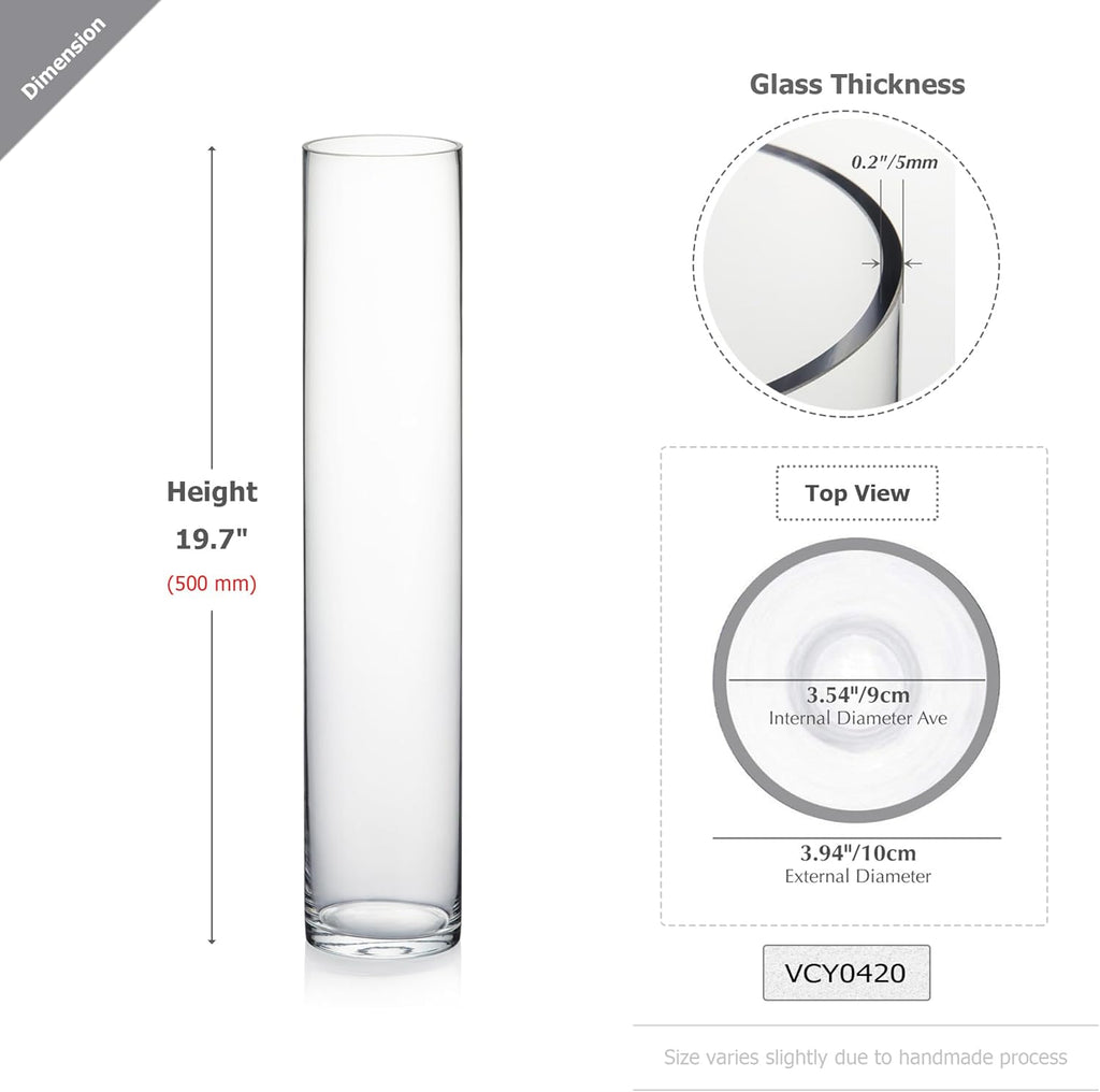 WGVI Quality Thick Weighted Tall Clear Cylinder Glass Vases, 4" W x 20" H, Flower Arrangement Floating Candle Holders Wedding Centerpieces Event Floral Container Tabletop Display Décor, 1 Piece