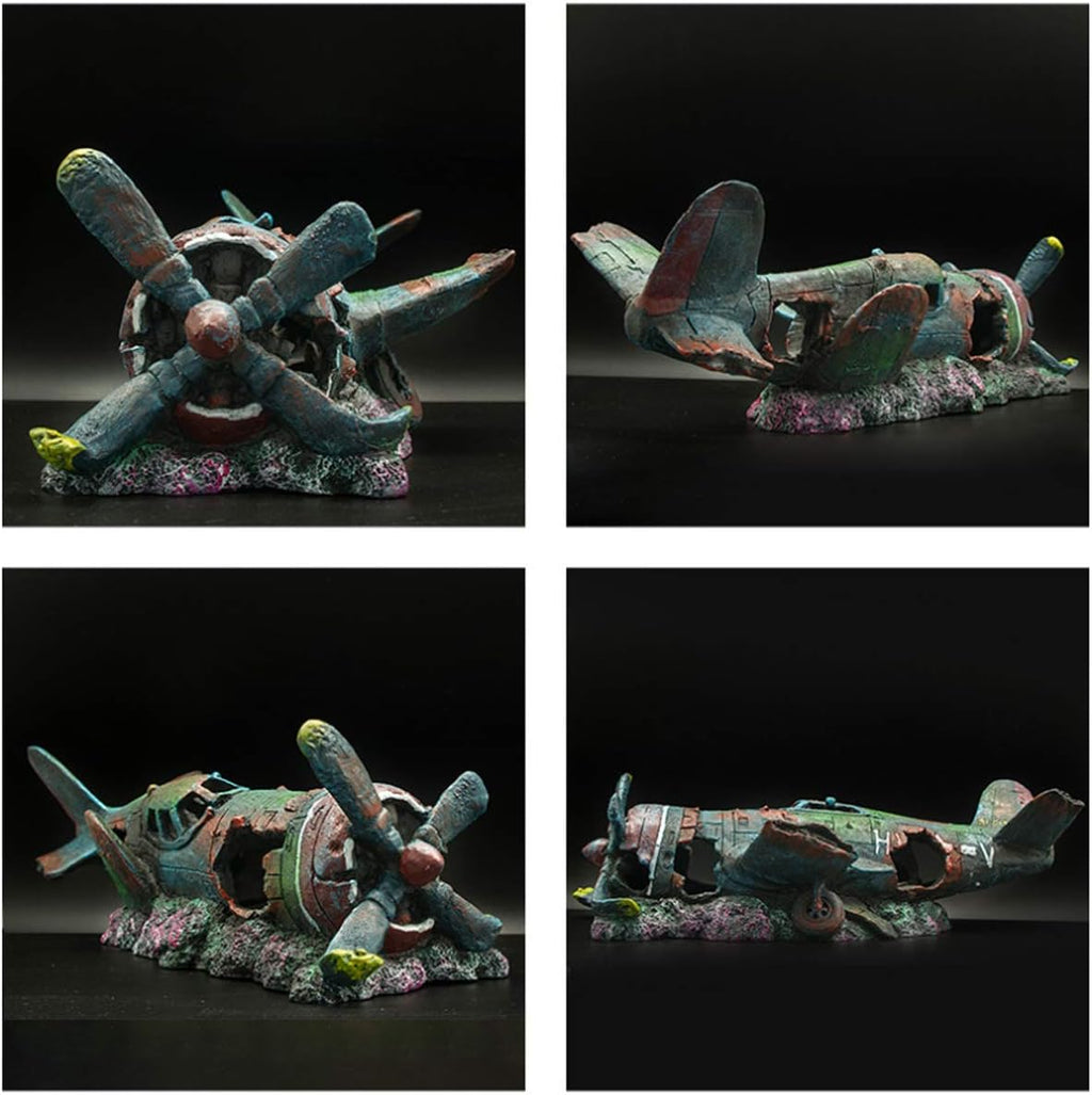 Fish Tank Decoration Fighter Vintage Airplane Ruins Submarine Landscape Fish Shrimp Shelter Cave Hideout Resin Aquarium Decor Turtle Tank Decoration