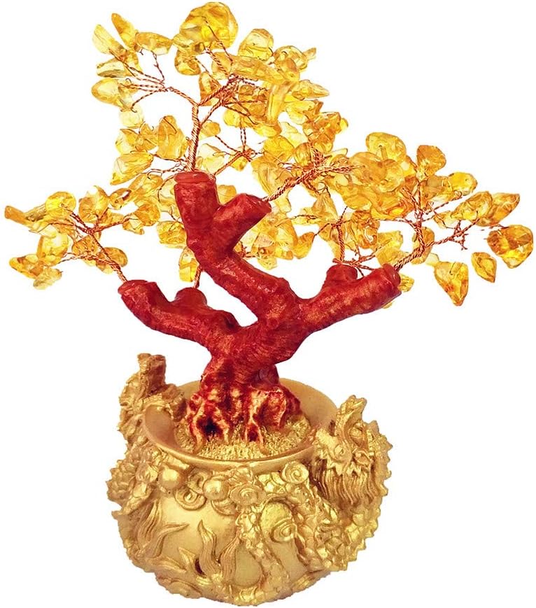 Feng Shui Citrine Quartz Crystal Money Tree Bonsai Style Decoration for Luck and Wealth (Dragon pots)