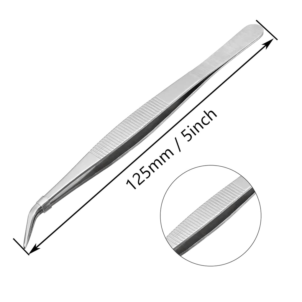 Long Forceps Tweezers, Serrated Bent Flat Tips Precision Curved Science Surgical Tongs Jewelers Needle Metal Sewing Sharp Small Kitchen Teeth Knurled Handles (1PCS)