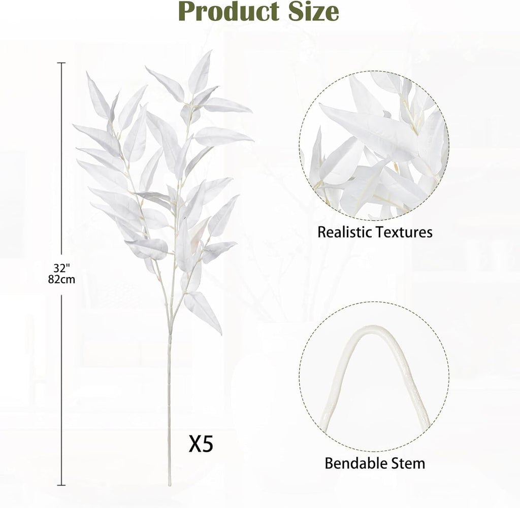 DILATATA Faux White Eucalyptus Stems – 32” Artificial Willow Leaves, 5 Pcs Long White Eucalyptus Branches for DIY Bouquets, Centerpieces, Shower & Wedding Decorations