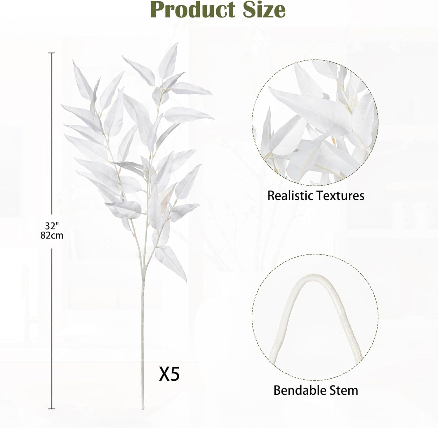 DILATATA Faux White Eucalyptus Stems – 32” Artificial Willow Leaves, 5 Pcs Long White Eucalyptus Branches for DIY Bouquets, Centerpieces, Shower & Wedding Decorations