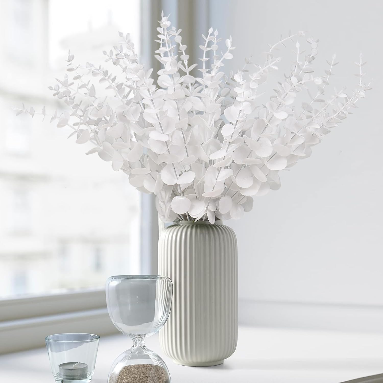 RECUTMS Artificial Eucalyptus Leaves Stems 36Pcs 15Inch Faux White Leaf Branches Plants for Vase Thanksgiving Christmas Halloween Party Wedding Flower Bouquet Floral Arrangement Home Office Decor