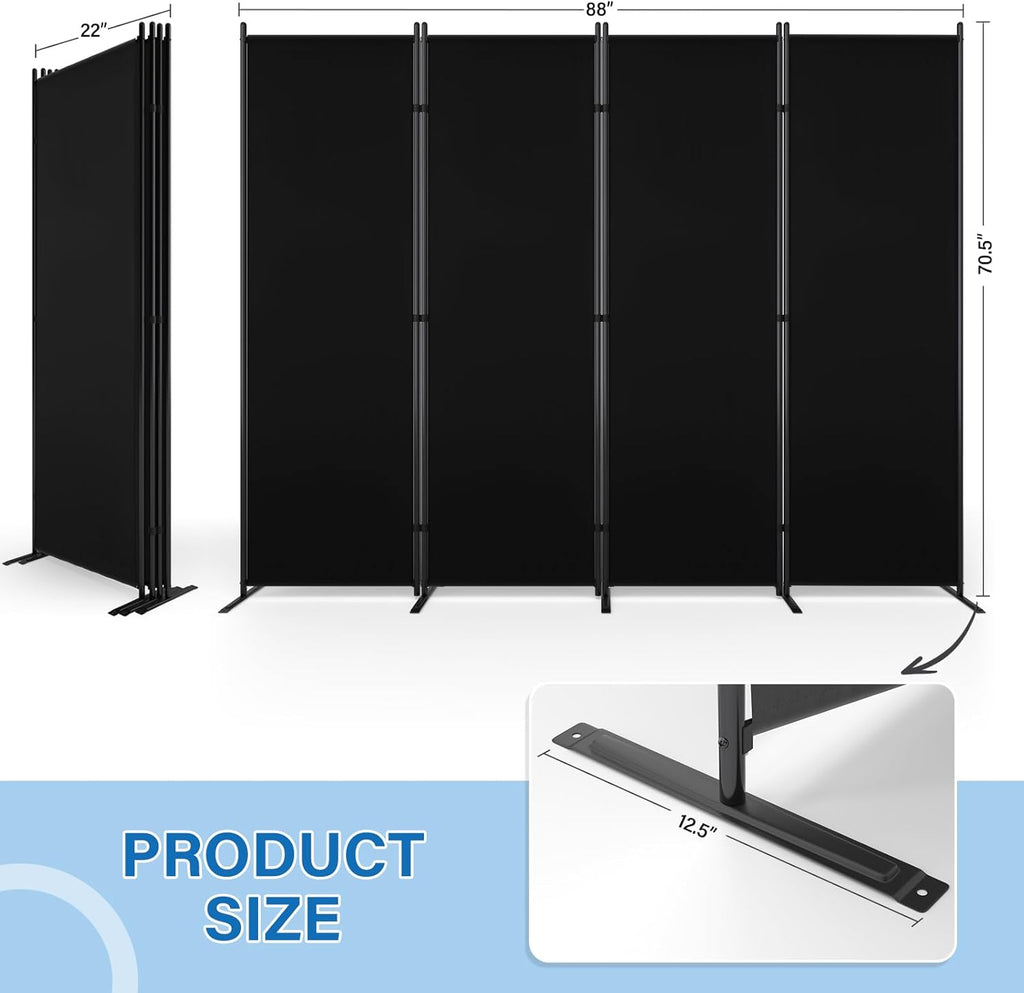 AKTOP 4 Panel Room Divider, 6FT Portable Wall Divider for Room Separation, 88"W Fabric Partition Room Dividers and Folding Privacy Screens, Freestanding Room Separators for Home Office Bedroom, Black