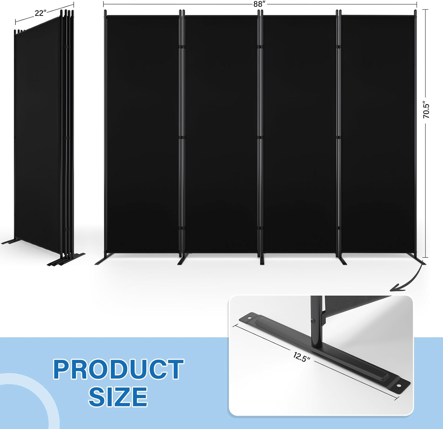AKTOP 4 Panel Room Divider, 6FT Portable Wall Divider for Room Separation, 88"W Fabric Partition Room Dividers and Folding Privacy Screens, Freestanding Room Separators for Home Office Bedroom, Black