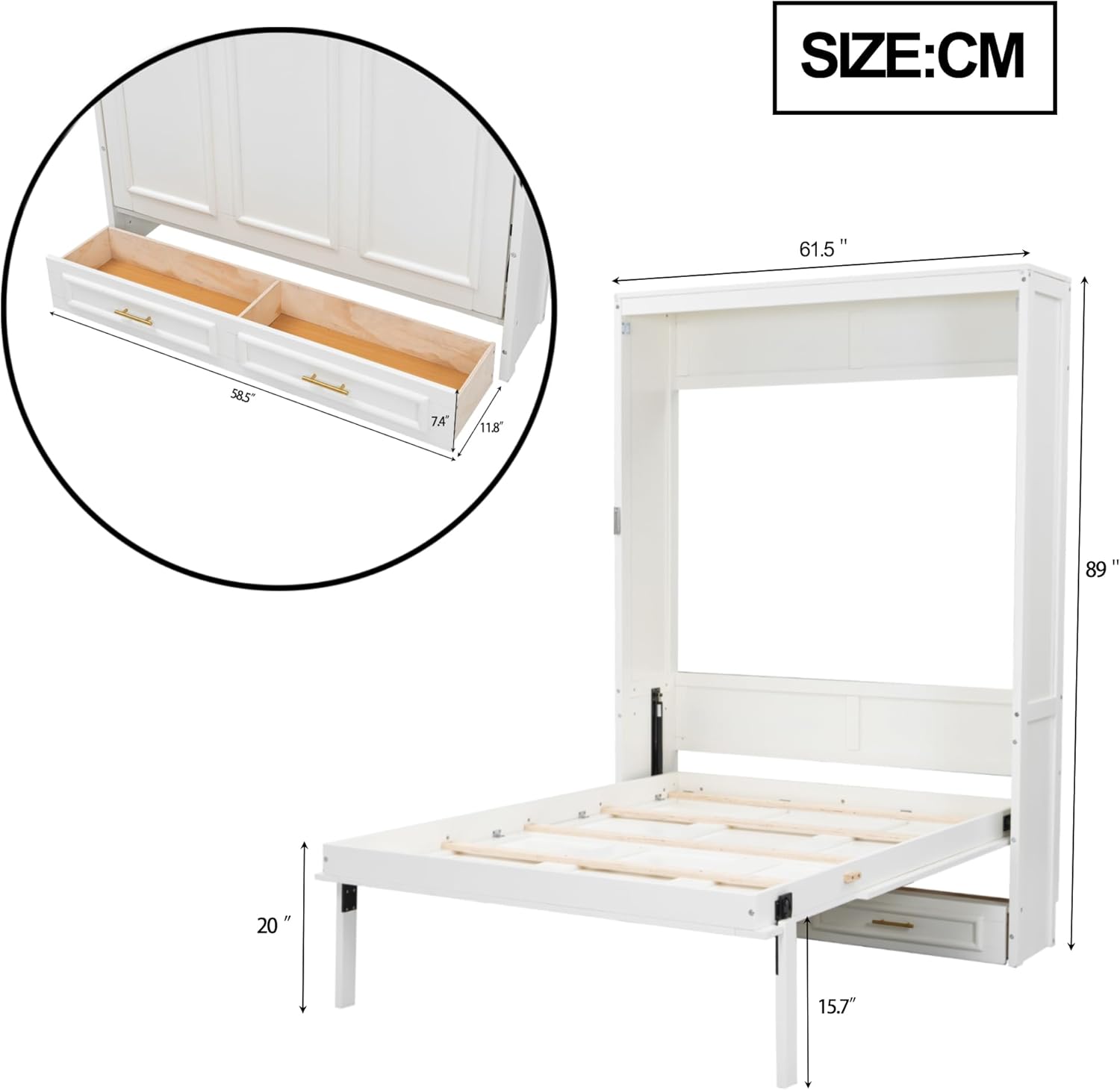 Merax Modern Full Size Murphy Bed with 2 Drawers, Space Saving Wall Bed Foldable into Wardrobe, Solid Pine Wood Frame, No Box Spring Needed, Beige