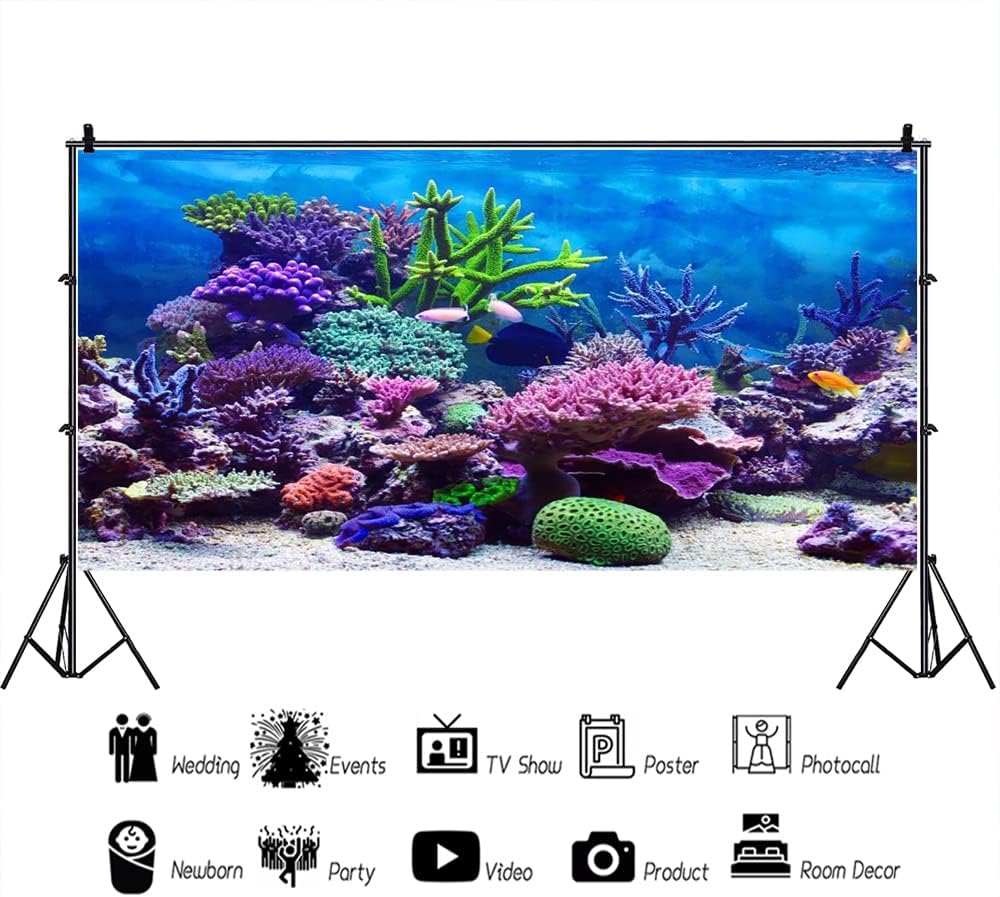 AOFOTO 15x8ft Under The Sea Backdrop Underwater Seascape Coral and Fish Aquarium Large Photography Background Marin Ocean Diving Atoll Reef Summer Birthday Adult Portrait Photoshoot Studio Props