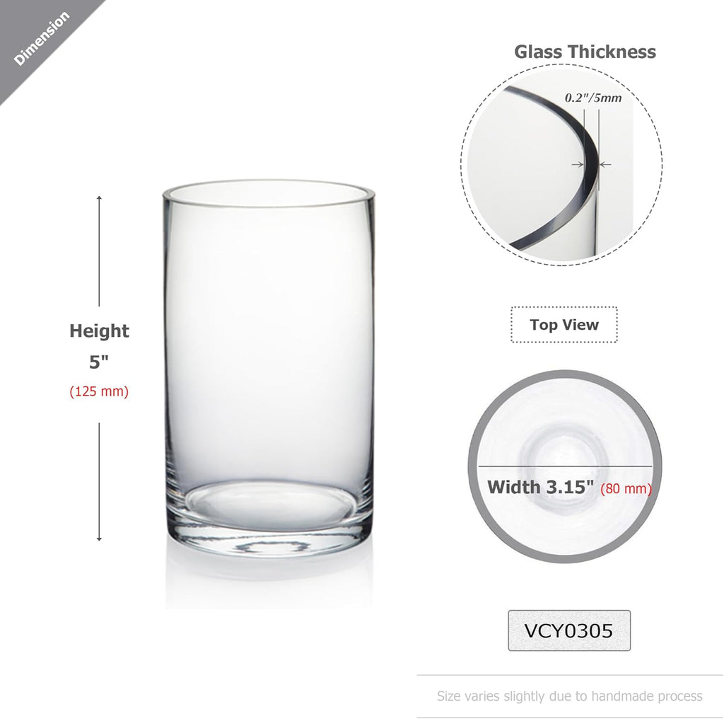 WGVI Quality Thick Clear Cylinder Glass Vase, 3" W x 5" H, Floral Container, Glass Candle Holder, Flower Vases, Wedding Centerpiece, Table Top Home Décor Accent, in Bulk Wholesale, 12 Pieces