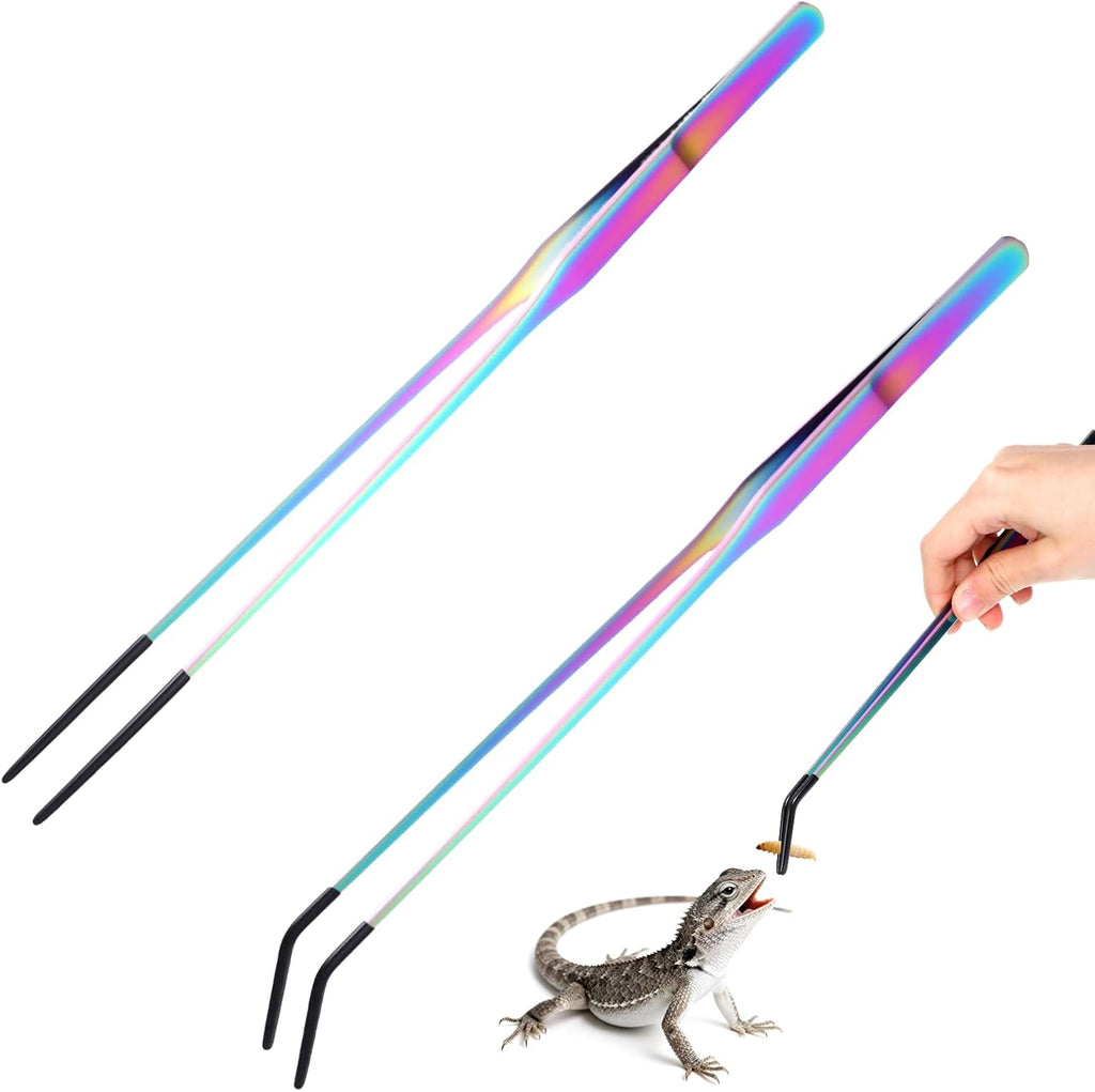 2 Pcs Stainless Steel Reptile Feeding Tongs with Rubber Tip, Straight Curved Tweezers, Aquarium Tweezers, Feeder Tools for Bearded Dragon, Lizards, Terrarium Supplies (10.6 Inch, Color)
