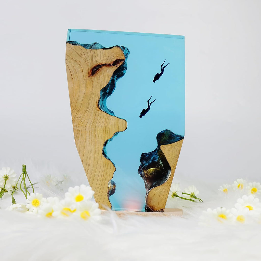 Epoxy Resin Lamp, Ocean Night Light,Artistry Home Decor Bedside Nightlight, Unique Resin Lighting, Nightstand Decorations for Bedroom, Suitable for Holidays(Two Divers)