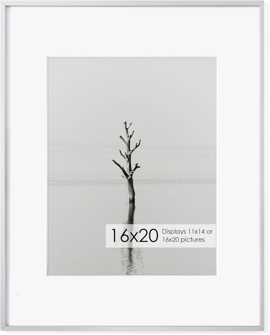 16x20 Metal Picture Frame with 11x14 Mat, Brushed Aluminum Finish, Tempered Glass Front, and Attached Hanging Hardware - Versatile Wall Display Frames for Vertical or Horizontal Orientation(Silver,