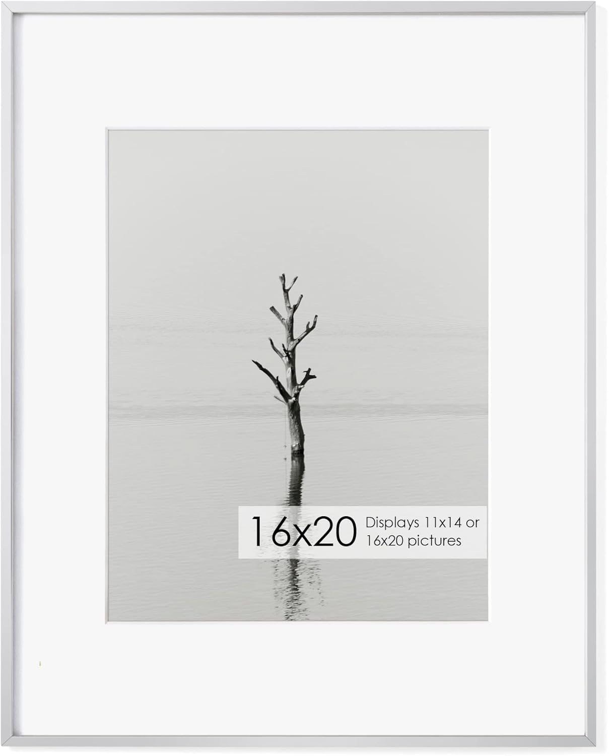 16x20 Metal Picture Frame with 11x14 Mat, Brushed Aluminum Finish, Tempered Glass Front, and Attached Hanging Hardware - Versatile Wall Display Frames for Vertical or Horizontal Orientation(Silver,
