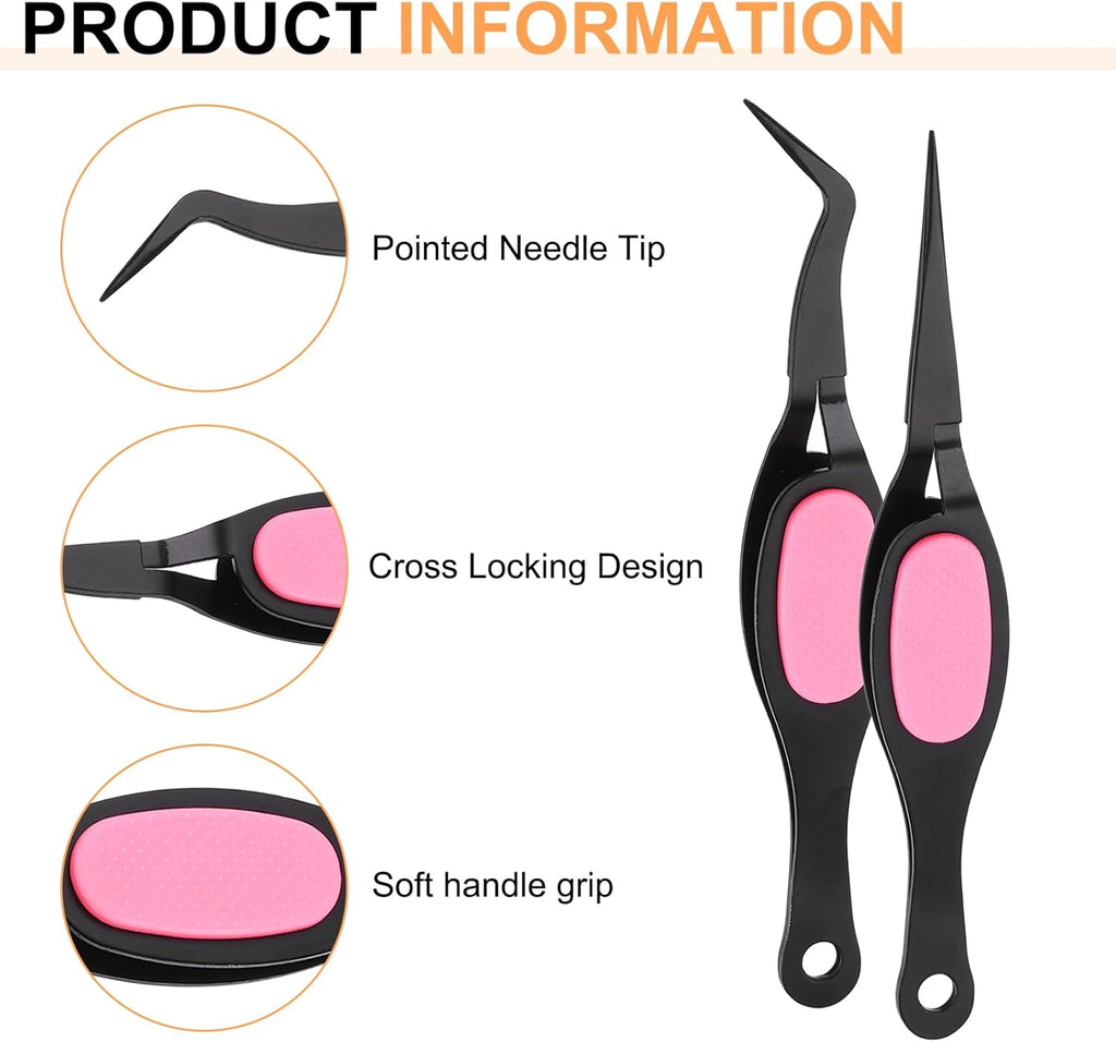 HARFINGTON 2pcs Craft Tweezers Precision Crossing Lock Curved Straight Stainless Steel Soft Reverse Grip Fine Tip Tweezers for DIY Craft Jewelry Beading Electronics, Black Pink