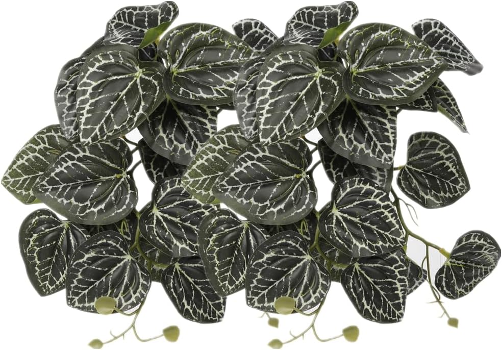 2Pack Reptile Fake Plants for Terrarium, Snake Tank Accessories, Habitat Decor Artificial Hanging Plants with Suction Cup - Fake Anthurium Crystallinum