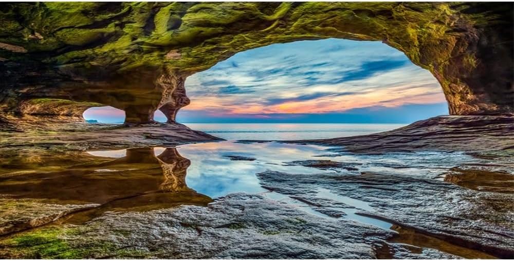 12x6ft Ocean Backdrop Summer Tunnel Mountain Sunset Blue Lake Water Moss Seaside Scenery Luau Photography Background Party Holiday Birthday Wedding Studio Photo Props Polyester