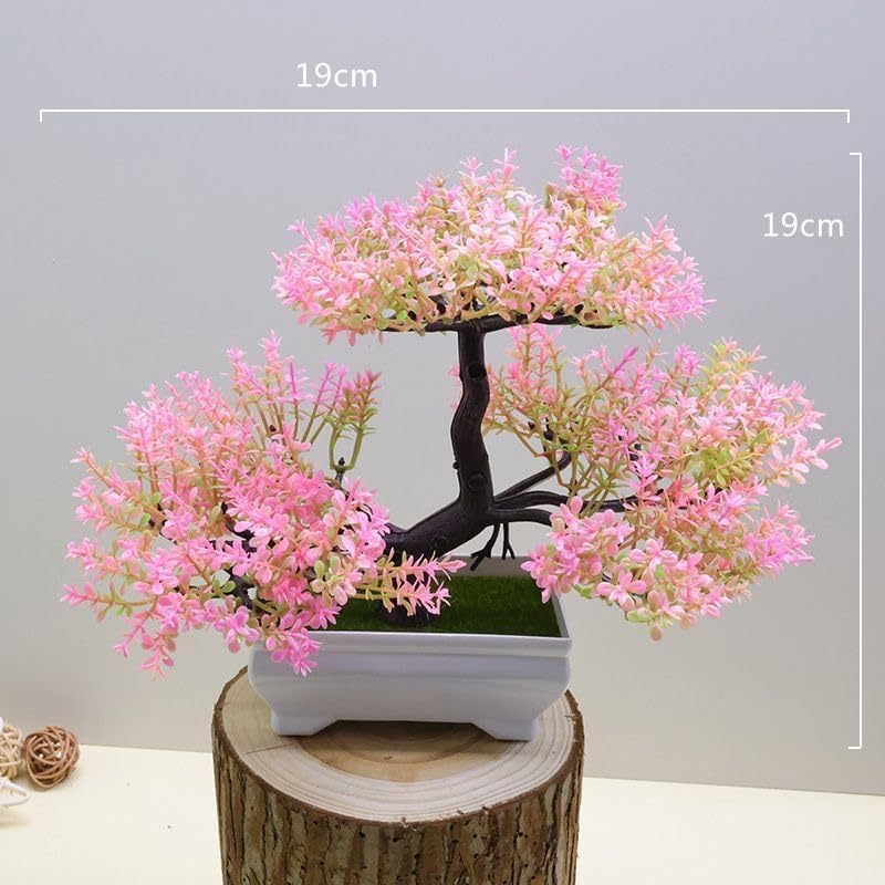 Mini Artificial Bonsai Tree Plants Artificial Plant Welcome Pine Tree with Plastic Cement Pots for Home Office Décor (Pink)