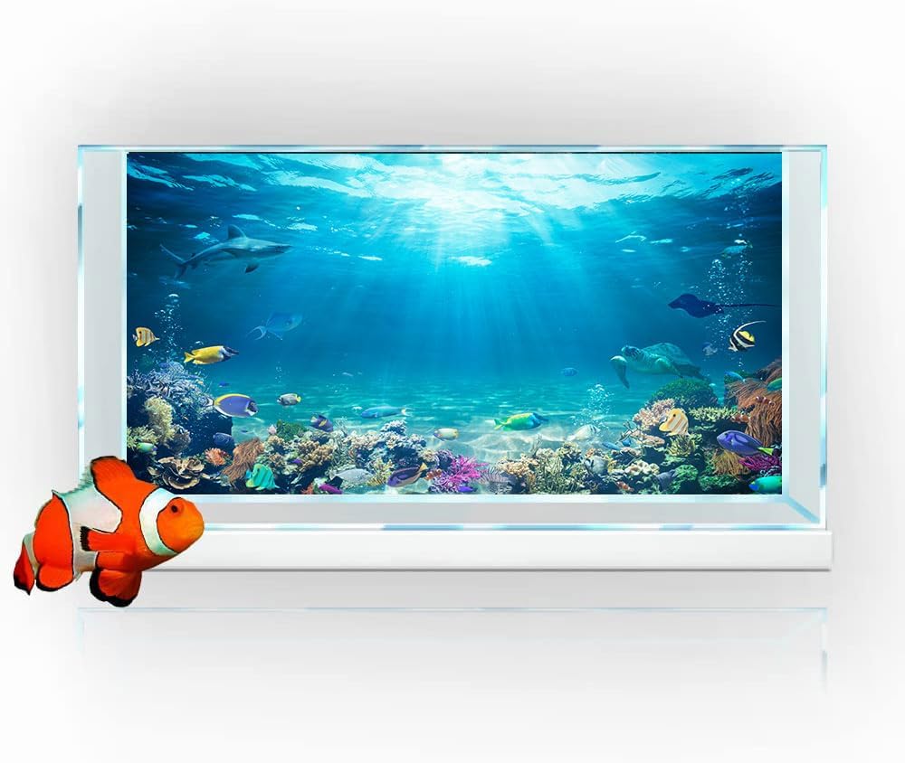 24X12IN Aquarium Under The Sea Coral Reef Scenery Backdrop Terrarium Underwater Marine Organism Fish Tank Background With 10EVA Double-Sided Tape, Blue02
