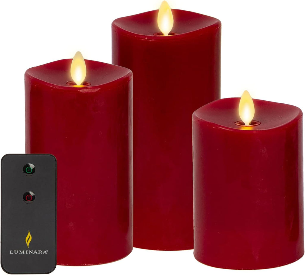 Luminara Flameless Flickering Melted Edge Set of 3 Candles, Battery Operated & Timer Function, Remote Included, Unscented Paraffin Burgundy Wax LED Light Pillar, Christmas Holiday Décor