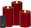 Luminara Flameless Flickering Melted Edge Set of 3 Candles, Battery Operated & Timer Function, Remote Included, Unscented Paraffin Burgundy Wax LED Light Pillar, Christmas Holiday Décor