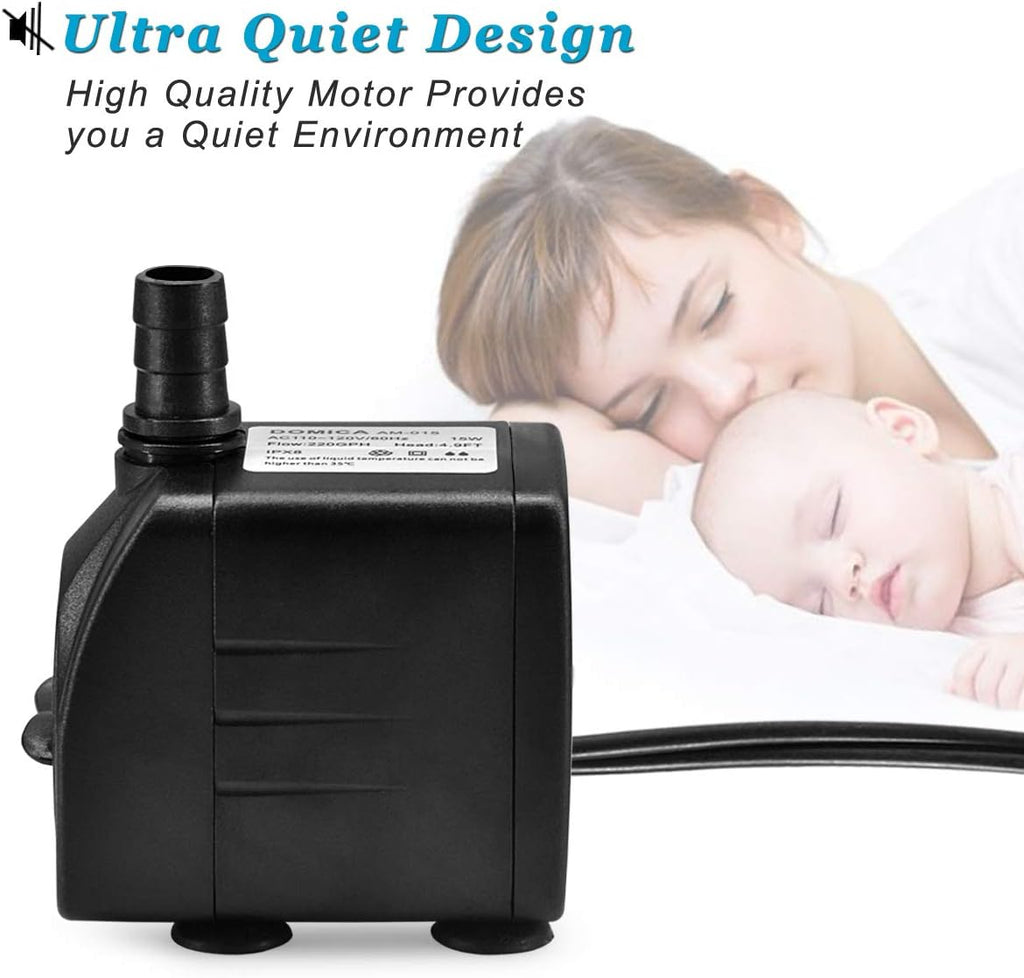 DOMICA 220GPH Ultra Quiet Fountain Pump (15W 800L/H), Small Submersible Pump for Pond, Water Feature, Aquariums, Hydroponics, Indoor or Outdoor Fountain