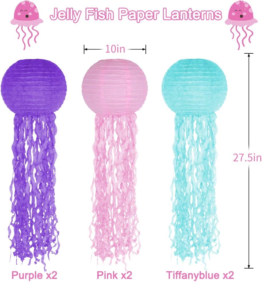 Jelly Fish Paper Lanterns, Pink Purple Blue Hanging Lantern for Mermaid Theme Under The Sea Ocean Birthday Party Decorations Set of 6