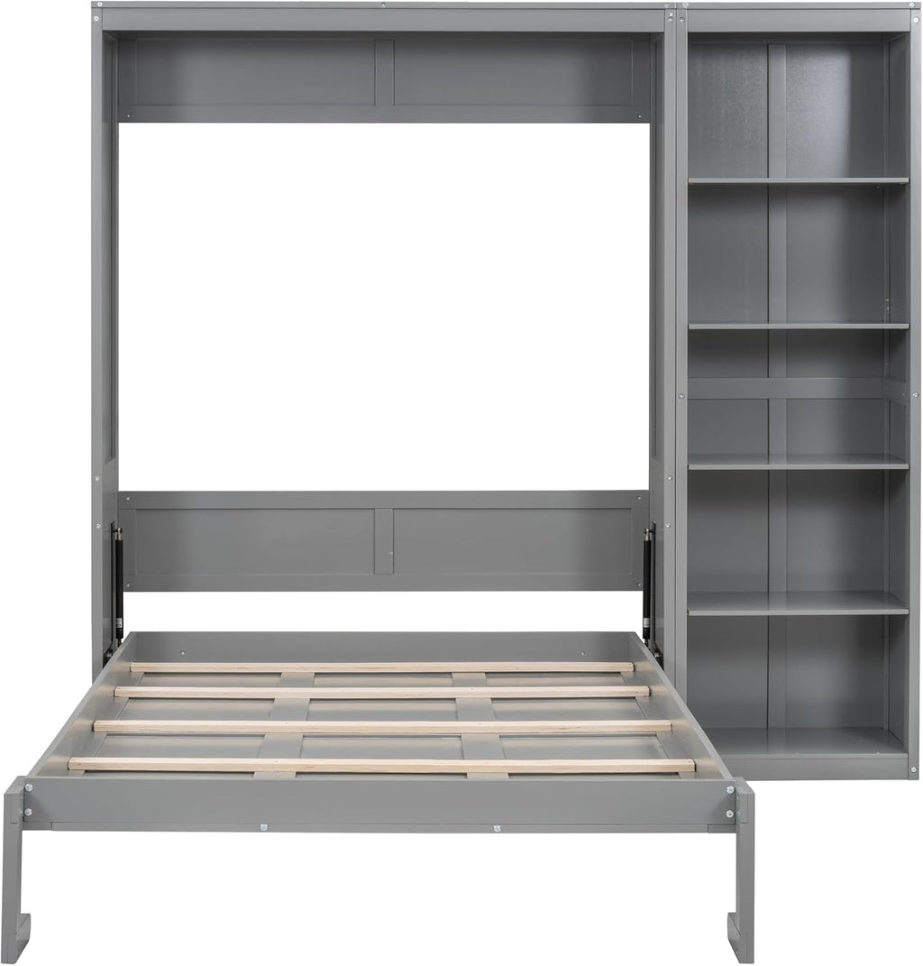 MERITLINE Full Murphy Bed with Storage Bookcase Shelves,Wood Folding Grey Murphy Wall Bed Cabinet