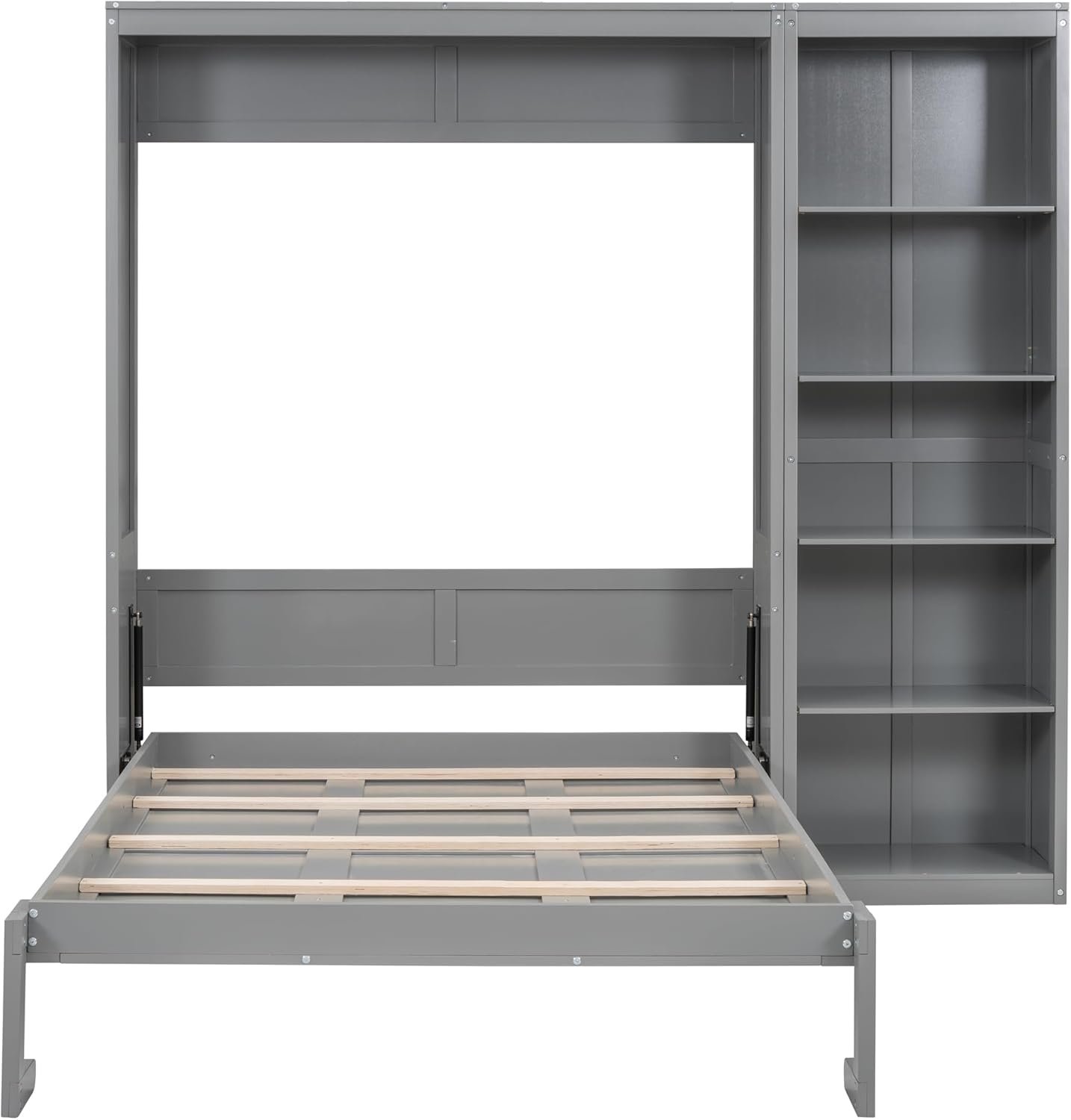 MERITLINE Full Murphy Bed with Storage Bookcase Shelves,Wood Folding Grey Murphy Wall Bed Cabinet