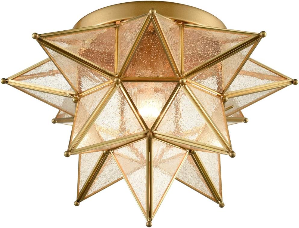 DAYCENT Modern Moroccan Seeded Glass Brass Moravian Star Flush Mount Ceiling Light, 15 Inches, 1-Light