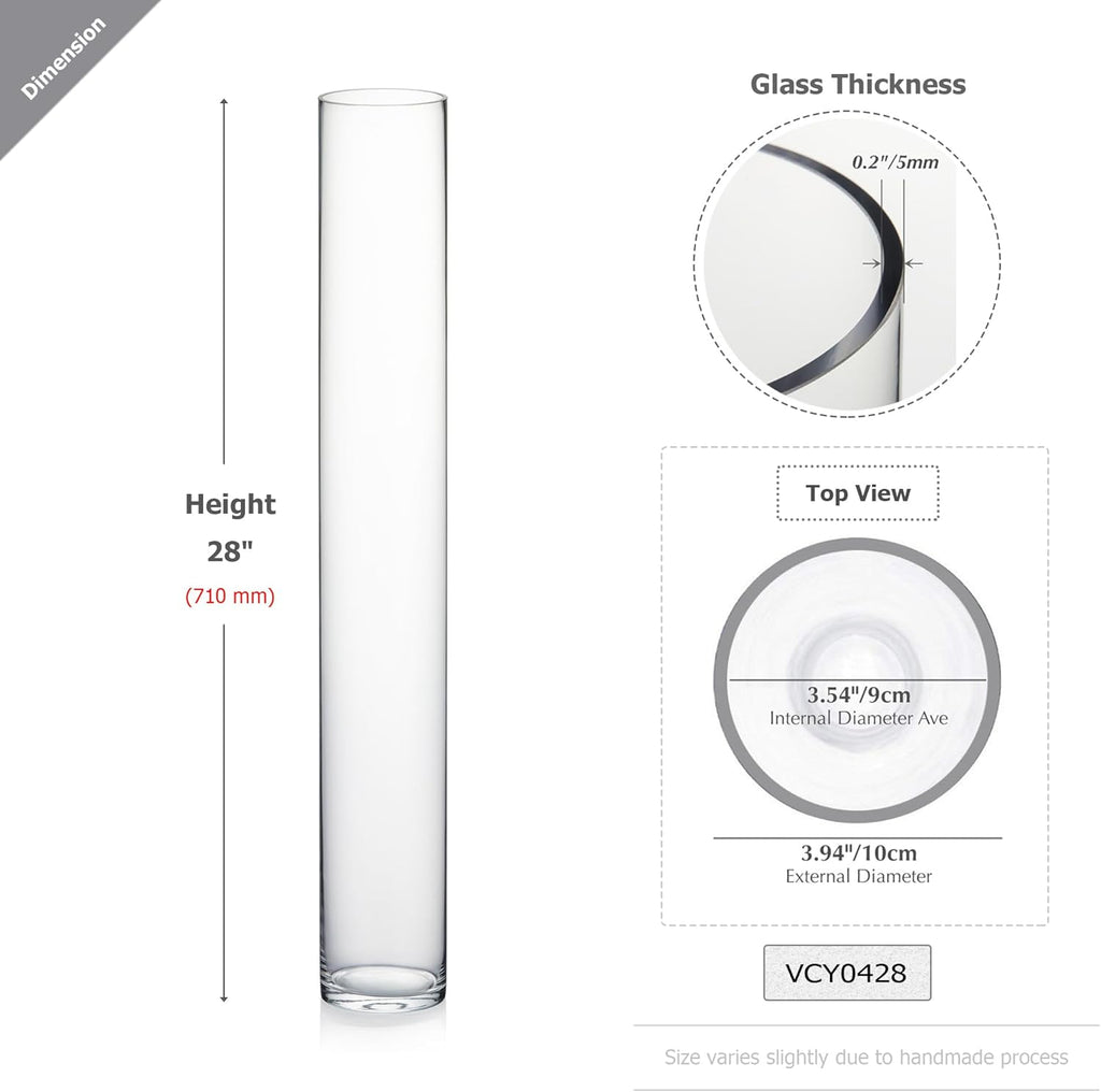 WGVI Quality Thick Weighted Tall Clear Cylinder Glass Vases, 4" W x 28" H, Flower Arrangement Floating Candle Holders Wedding Centerpieces Event Floral Container Floor Display Home Décor, 1 Piece