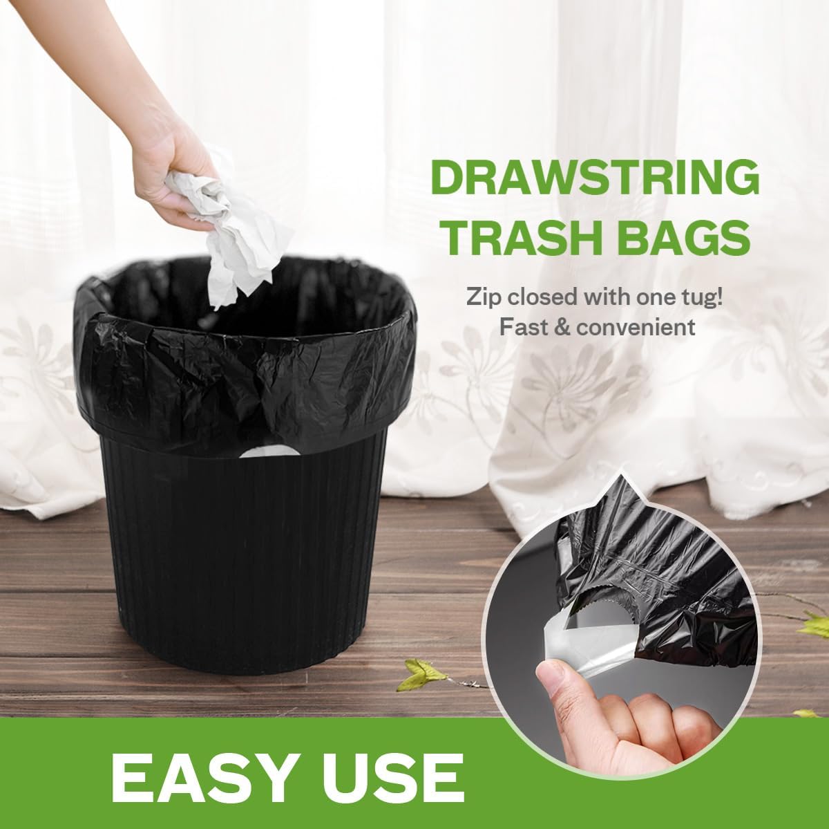 6 Gallon 120pcs Strong Drawstring Trash Bags Garbage Bags by Teivio, Bathroom Trash Can Bin Liners, Plastic Bags for home office kitchen, Black