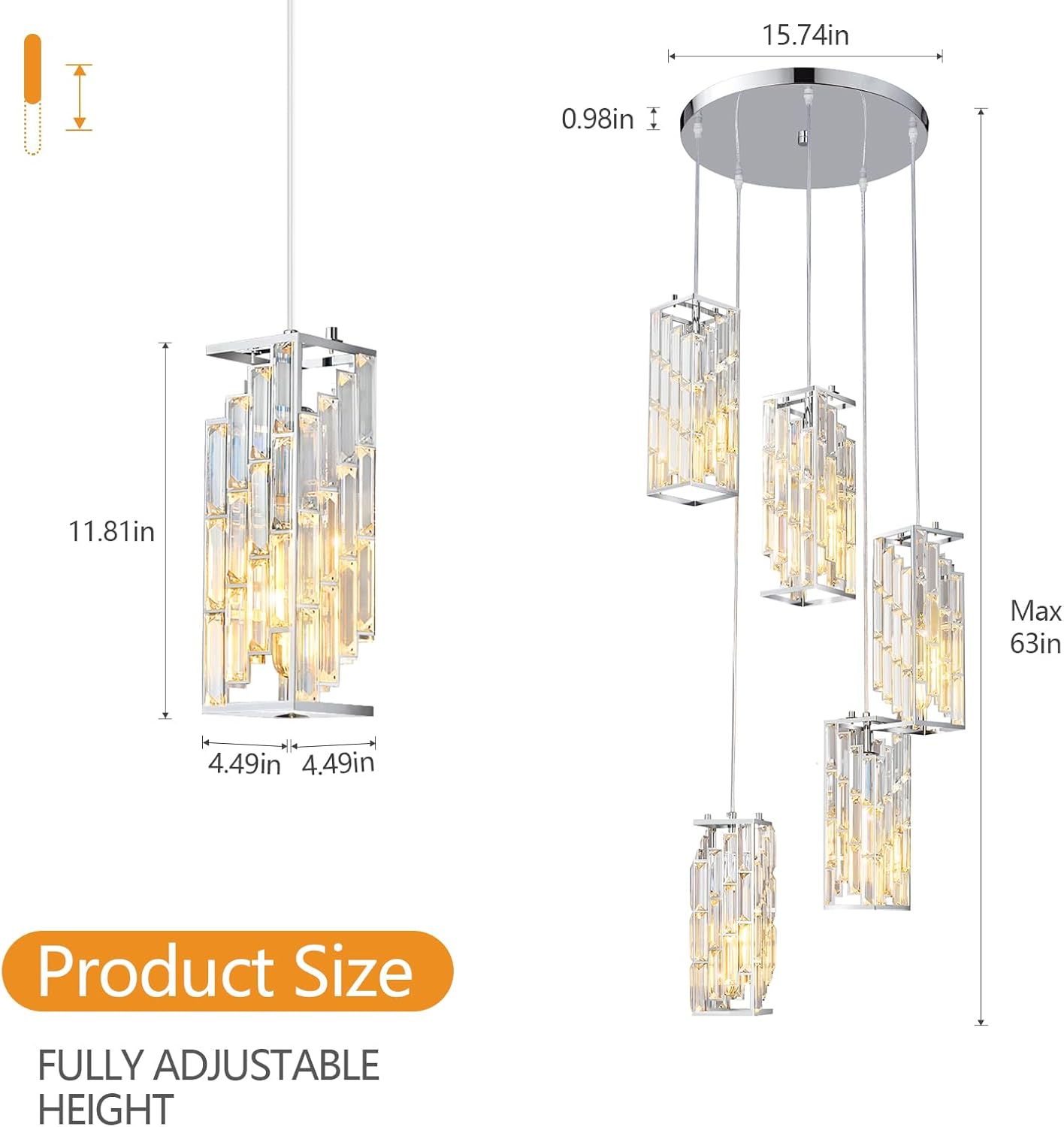 Chrome Pendant Lighting Modern Pendant Light, Mini Crystal Chandeliers,Adjustable Pendant Light Fixture for Kitchen Island Dinning Room Bedroom (5 Light)