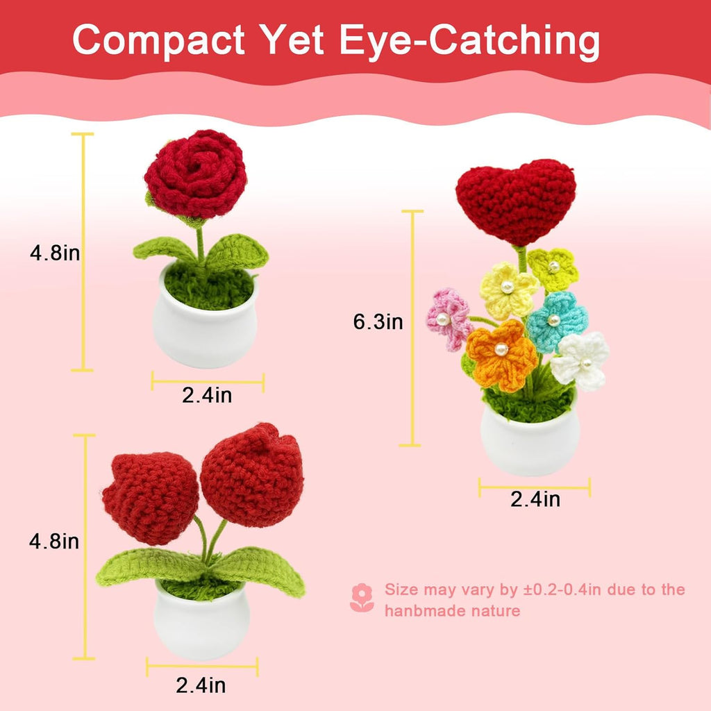 3pcs Crochet Flowers Cute Potted Flower,Mini Flower Bouquet for Mom Wife, Cute Desk Decor for Women,Artificial Handmade Flowers for Car Dashboard,Home Office Decoration (Color#7)