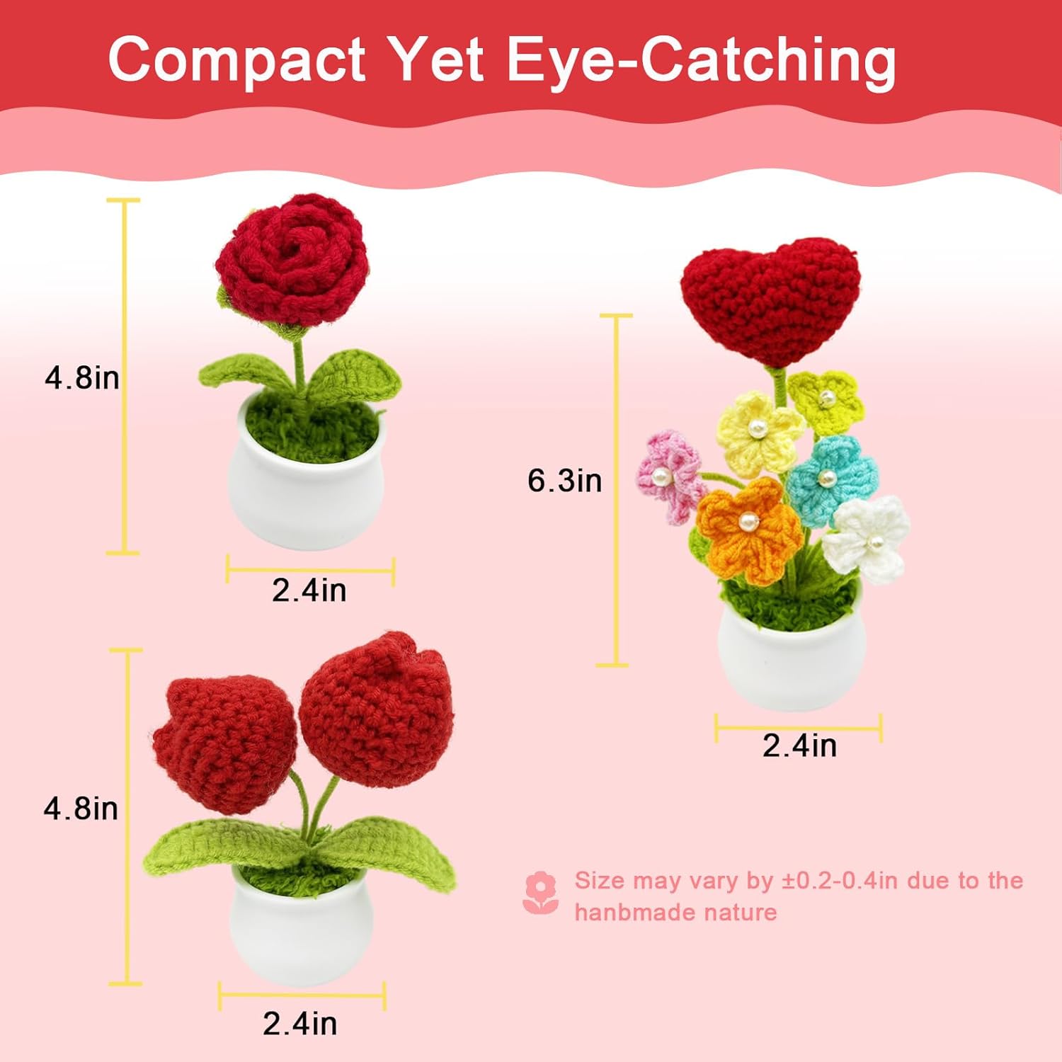 3pcs Crochet Flowers Cute Potted Flower,Mini Flower Bouquet for Mom Wife, Cute Desk Decor for Women,Artificial Handmade Flowers for Car Dashboard,Home Office Decoration (Color#7)
