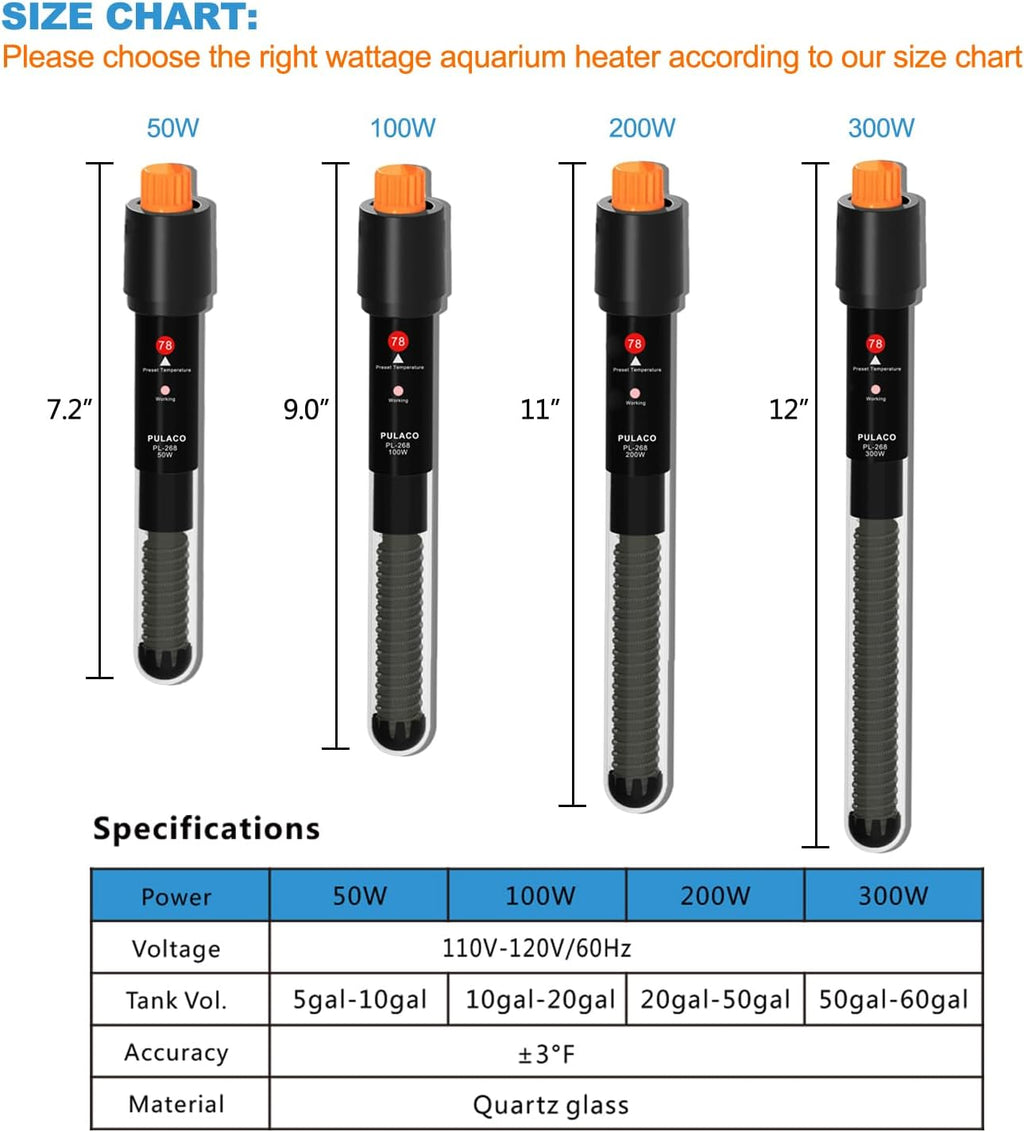 PULACO 50Watt Aquarium Heater for 5-10 Gallon Fish Tank, Adjustable Submersible Heater Thermostat with Thermometer Strip and Suction Cup