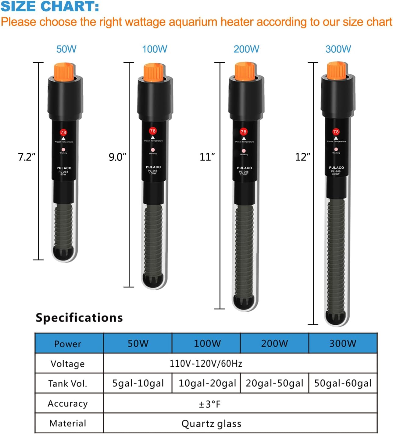 PULACO 50Watt Aquarium Heater for 5-10 Gallon Fish Tank, Adjustable Submersible Heater Thermostat with Thermometer Strip and Suction Cup