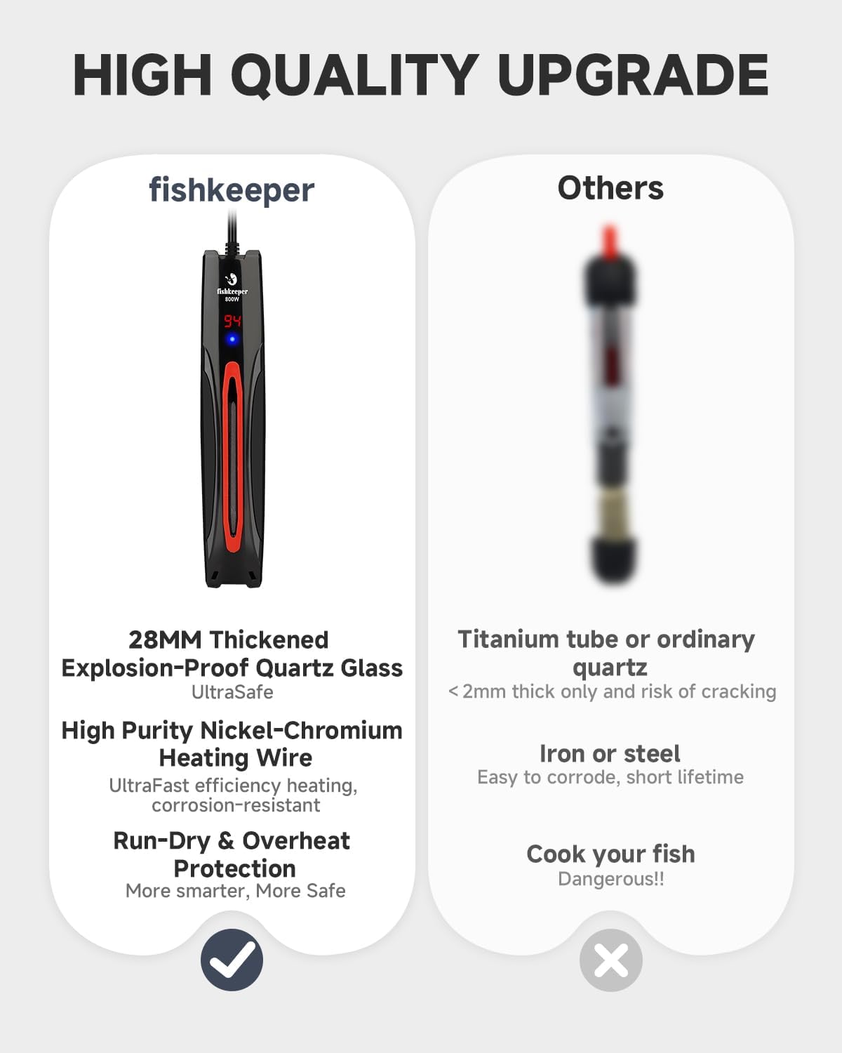 fishkeeper 800W Adjustable Submersible Aquarium Heater - PID Electronic Smart Thermostat Fish Tank Heater with Out-of-Water/Run-Dry/Overheat/Low-Temp Safrty Protection for 40-220 Gallon Fish Tanks