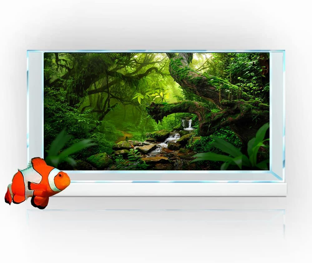 24X12IN Tropical Forest Green Huge Tree Reptile Habitat Aquarium Background, Green Natural Landscape Rainforest Fish Tank Decorations Background, Nature Art Terrarium Background
