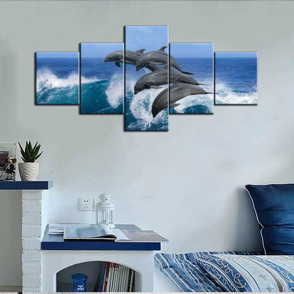 Fish Wall Art for Living Room Dolphins Jumping Over Breaking Wave Pictures Seascape Paintings 5 Pieces Grey Canvas Artwork Modern Home Decor Wooden Framed Ready to Hang Posters and Prints(50''Wx24''H)