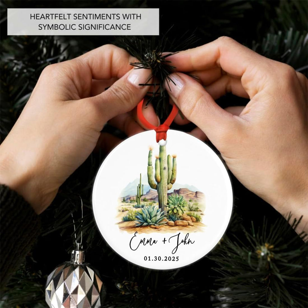 Andaz Press 2.8" Ceramic Porcelain Personalized Christmas Cactus Ornament, Desert Wedding Design, Custom Cactus Christmas Ornaments, Succulent Ornament Cactus Decor, Wedding Gift for Couples