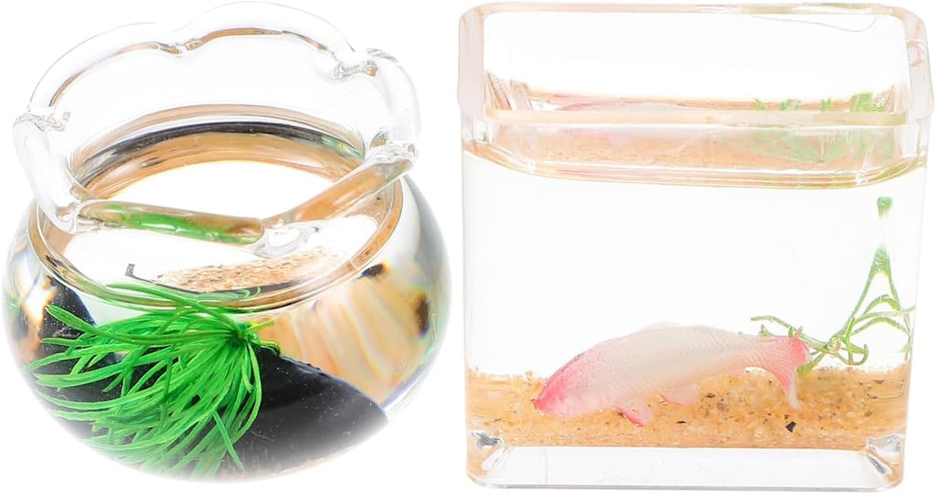 1:12 Scale Mini Glass Fish Tank - Miniature Round & Square Bowl for Dollhouse Accessories Home Decor Garden Scene Desktop Ornament, Kids Adult Collectors