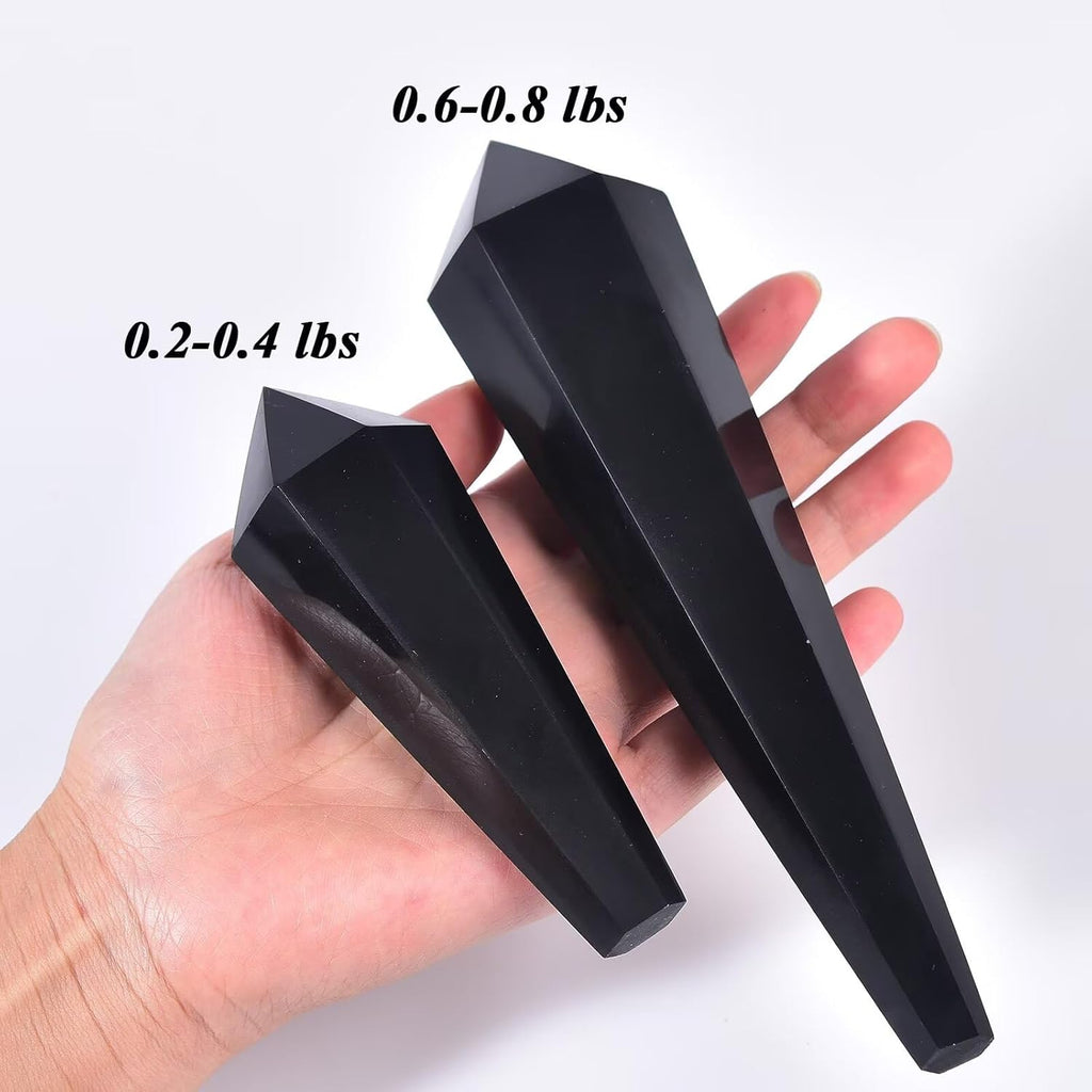 Obsidian Wand Point Long Healing Crystal Scepter Decorative Stone Reiki Meditation with Display Stand Home Office Decor 0.4-0.6LBS